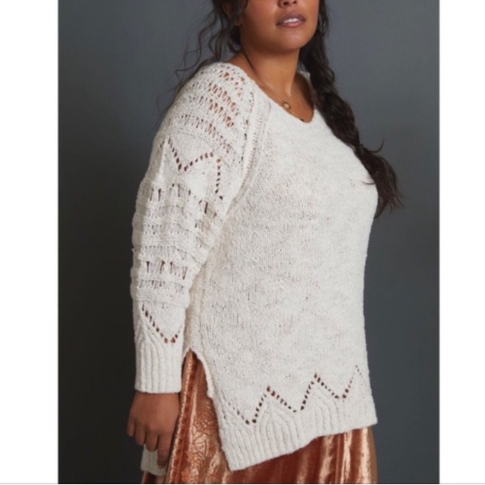 Anthropologie (M-L) Pilcro Long Sweater with Crocheted Sleeves and Trim